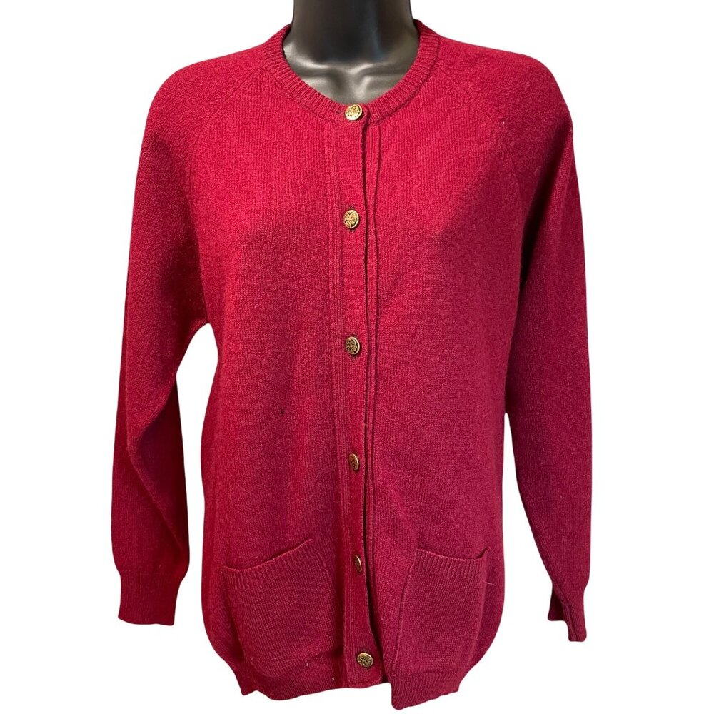 Vintage Gaeltarra Irish Red Lambswool Cardigan With Gold Buttons Sz Medium